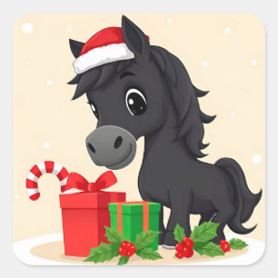 Feestelijke Cartoon Zwarte Paard Met Kerstman Hoed Vierkante Sticker