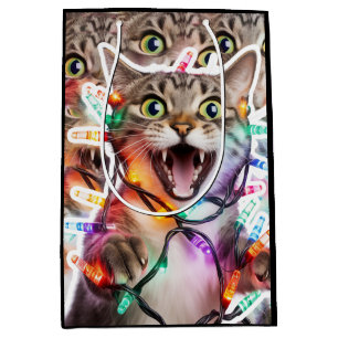 Feestelijke Cat Gift Bag met Holiday Lights Medium Cadeauzakje