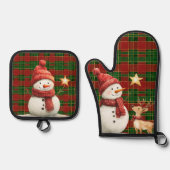 Feestelijke Classic Rood Groen Goud Tartan Snowman Ovenwant & Pannenlap Set (Voorkant)