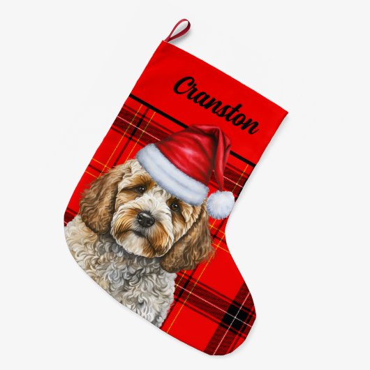 Feestelijke Cockapoo en Red Plaid met de naam van Grote Kerstsok (Voorkant (Hangend))
