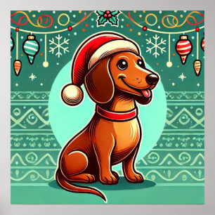 Feestelijke Dachshund met Kerstmanhoed Poster