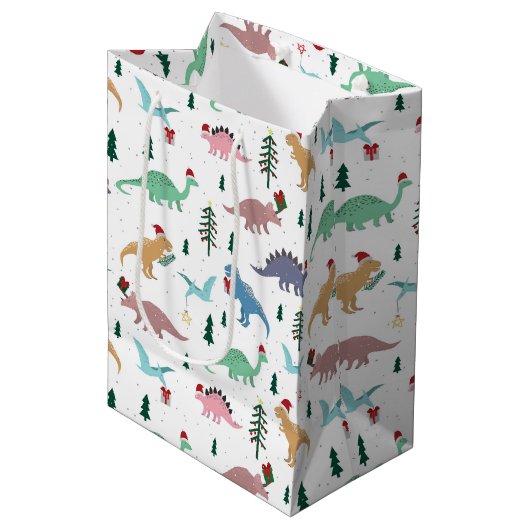 Feestelijke Dinosaurussen Kerstpatroon Medium Cadeauzakje (Voorkant Gekanteld)