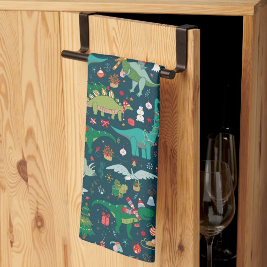 Feestelijke Dinosaurussen Kerstpatroon Theedoek (Derde Gevouwen)