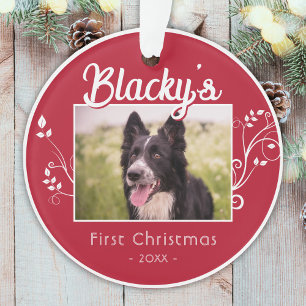Feestelijke Eerste Kerst Puppy Loofwerk Rood Foto Ornament