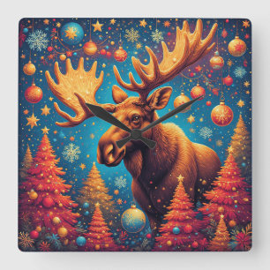 Feestelijke Eland Versierd Met Kerstversiering Vierkante Klok