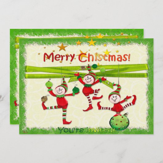 Feestelijke Elfen Kerstfeest/Evenement Uitnodiging (Voorkant / Achterkant)