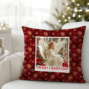Feestelijke engel poinsettia rood goud accent Kers Kussen