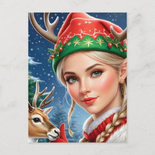 Feestelijke Fantasy blonde vrouw en hert Kerstmis Briefkaart