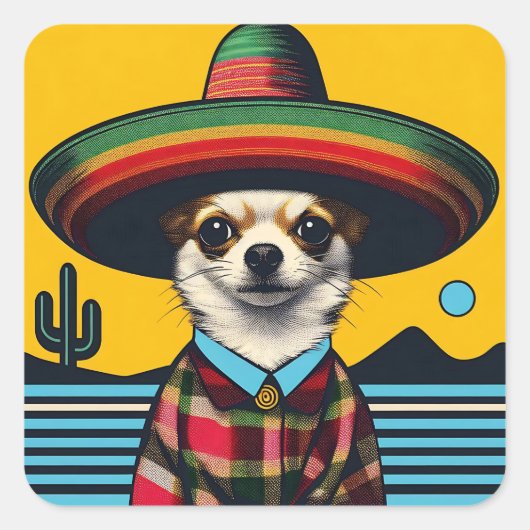 Feestelijke Fiesta Chihuahua met Sombrero Sarape Vierkante Sticker (Voorkant)