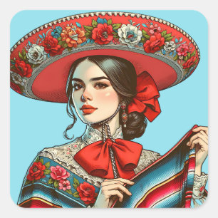 Feestelijke Fiesta Mujer Mariachi partij gunst Vierkante Sticker