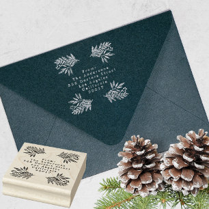Feestelijke Flora Vrolijk Kerstmis Zilveren Inkt Rubberstempel