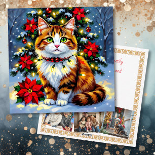 Feestelijke Folk Art Kat met Familie Foto's Aangep Feestdagenkaart