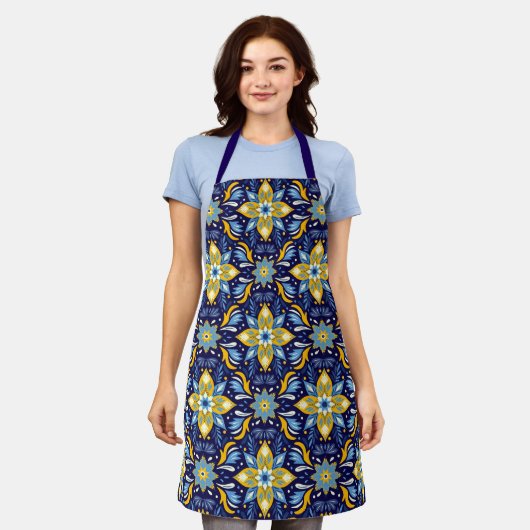Feestelijke Folk Art Tegel Pattern All Over Print Schort (Gedragen)