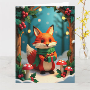 Feestelijke Fox Holding Gift in Snowy Forest Kaart