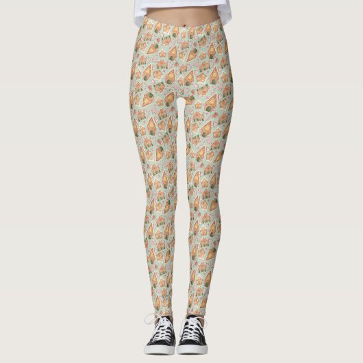 Feestelijke Gingerbread House Pattern Mint Kerstmi Leggings (Voorkant)