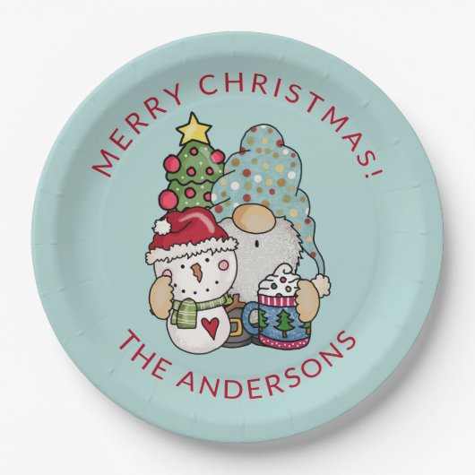 Feestelijke Gnome Sneeuwman Kerst Papier Bord (Voorkant)