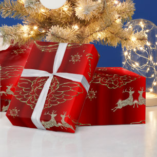 Feestelijke Golden Angels en Sparkling Deer Red Xm Cadeaupapier