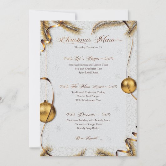 Feestelijke Goud & Wit Kerstdiner Menu Kaart (Voorkant)