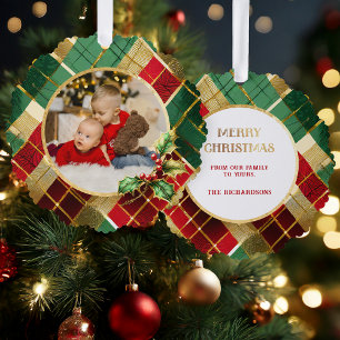 Feestelijke gouden, rode & groene kerst geruite fo ornament kaart