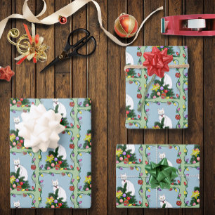 Feestelijke Grappige Kerstboom Grappige Witte Kat  Inpakpapier Vel