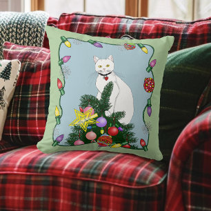 Feestelijke Grappige Kerstboom Grappige Witte Kat Kussen