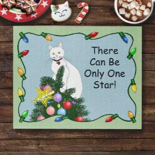 Feestelijke Grappige Kerstboom Grappige Witte Kat Legpuzzel