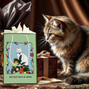 Feestelijke Grappige Kerstboom Grappige Witte Kat  Medium Cadeauzakje