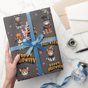 Feestelijke grijze heksenkatten in Halloween Vermo Cadeaupapier