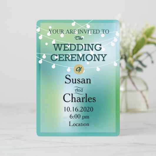 Feestelijke Groen Blauw Glow String Lichte bruilof Kaart (Staand voorkant)