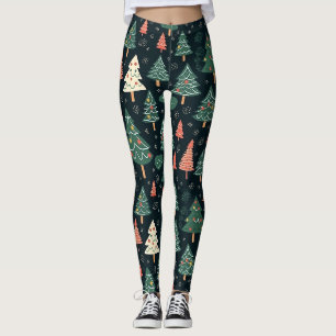 Feestelijke groene en koraalrode kerstboompatroon leggings
