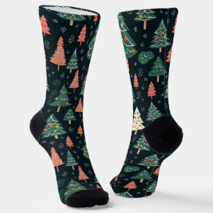 Feestelijke groene en koraalrode kerstboompatroon sokken