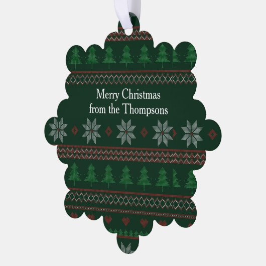 Feestelijke Groene Lelijke Kersttrui Party Custom Ornament Kaart (Links)