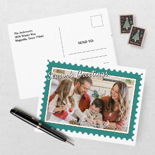 Feestelijke groene postzegelfoto Kerstmis Feestdagenkaart