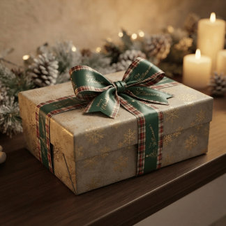 Feestelijke groene tartan kerstboom familienaam lint