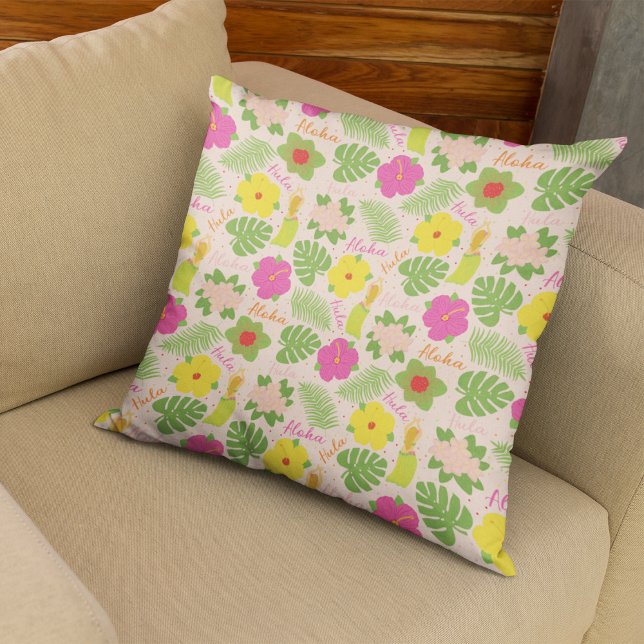 Feestelijke Hawaiiaanse Hula Danser Kussen Ontwerp (Tropical Hawaiian Flower Aloha Hula Woman Throw Pillow)