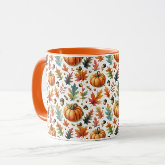 Feestelijke Herfst pompoenen en bladeren op wit Mok (Voorkant links)