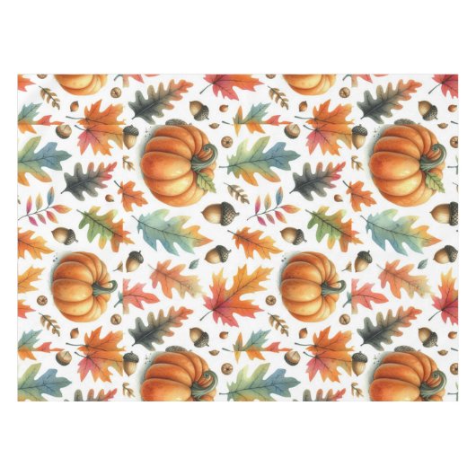 Feestelijke Herfst pompoenen en bladeren op wit Tafelkleed (Voorkant (Horizontaal))