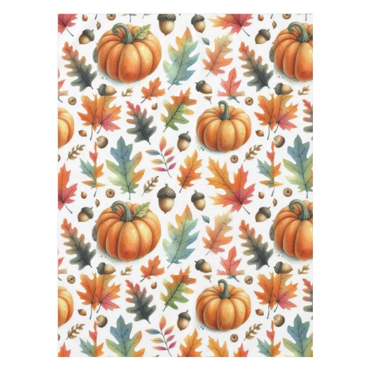 Feestelijke Herfst pompoenen en bladeren op wit Tafelkleed (Voorkant)