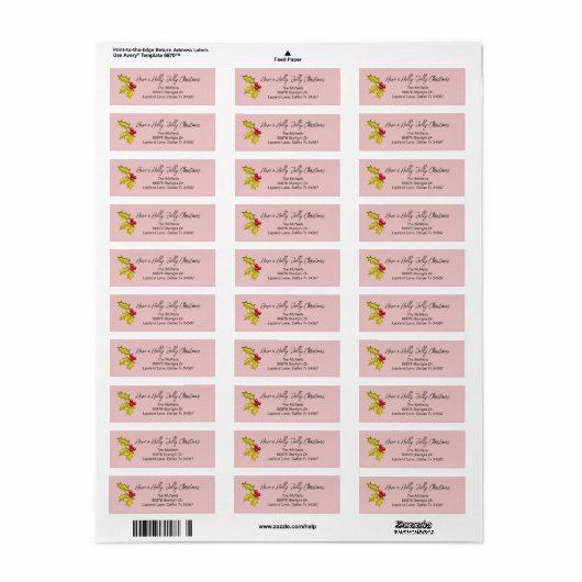 Feestelijke Holly Berries Whimsical Pink Fun Chris Etiket (Full Sheet)