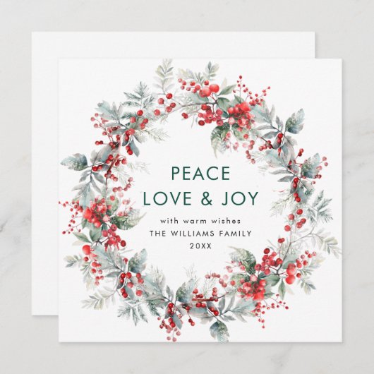 Feestelijke Holly Berry Kerstkrans Modern Feestdagenkaart (Voorkant / Achterkant)
