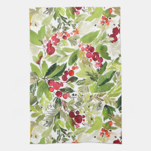 Feestelijke Holly Berry Waterverf Theedoek