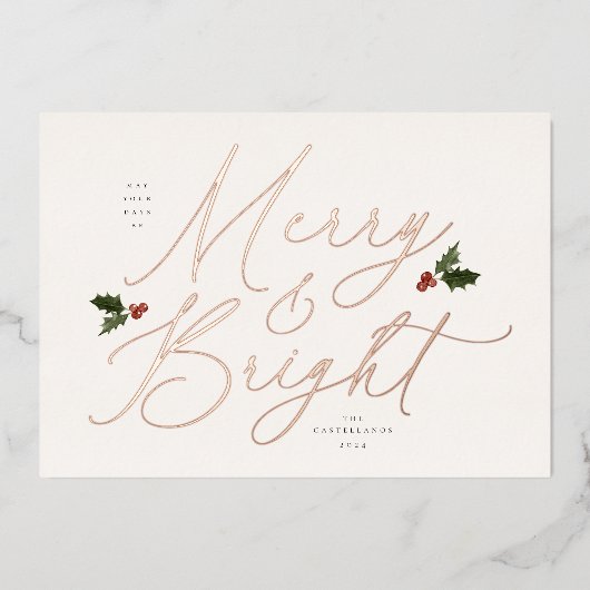 Feestelijke Holly Merry en Bright Folie Holiday Ka Folie Feestdagenkaart (Voorkant)