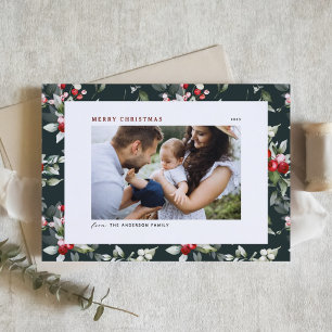 Feestelijke Holly Patroon Vrolijk Kerstfeest Foto Feestdagenkaart
