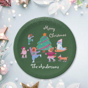 Feestelijke Hond Schaatsen Naam Groen Kerstfeest Papieren Bordje