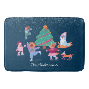Feestelijke Honden Schaatsen Donkerblauw Kerstmis Badmat