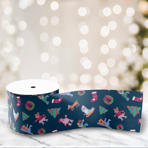 Feestelijke Honden Schaatspatroon Donkerblauw Grosgrain Lint