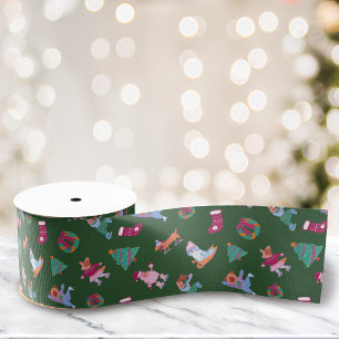Feestelijke Honden Schaatspatroon Kerstgroen Grosgrain Lint