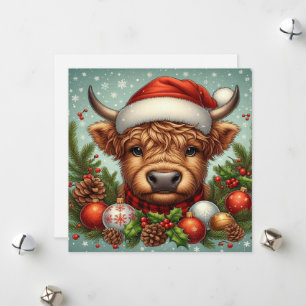 Feestelijke Hooglandkalf met Kerstmanhoed Feestdagenkaart