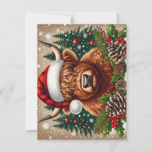 Feestelijke Hooglandkalf met Kerstmannenhoed Feestdagenkaart