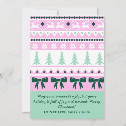 Feestelijke Horrorsweater & Sneeuwvlokken Koppel Feestdagenkaart (Achterkant)